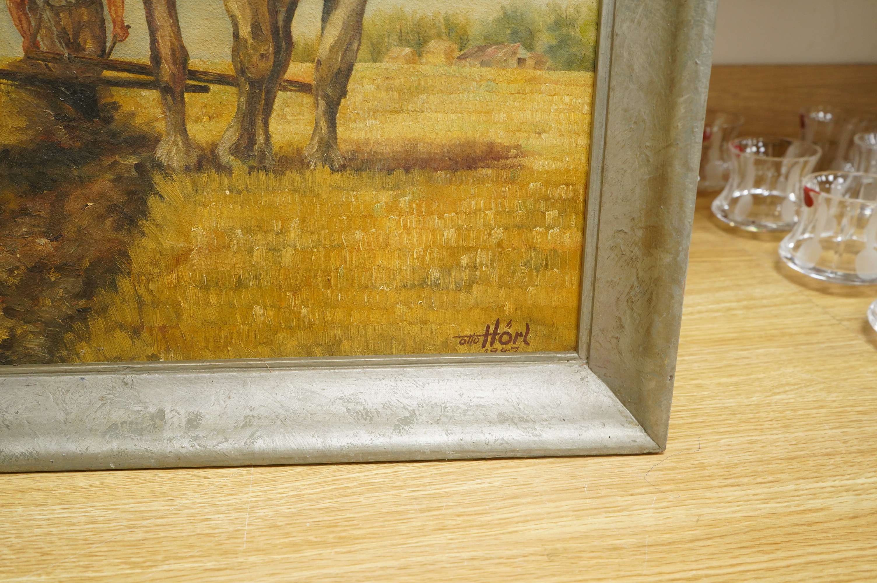 Otto Hörl, Two work horses ploughing fields, signed and dated 1947, oil on canvas, 64 x 52cm